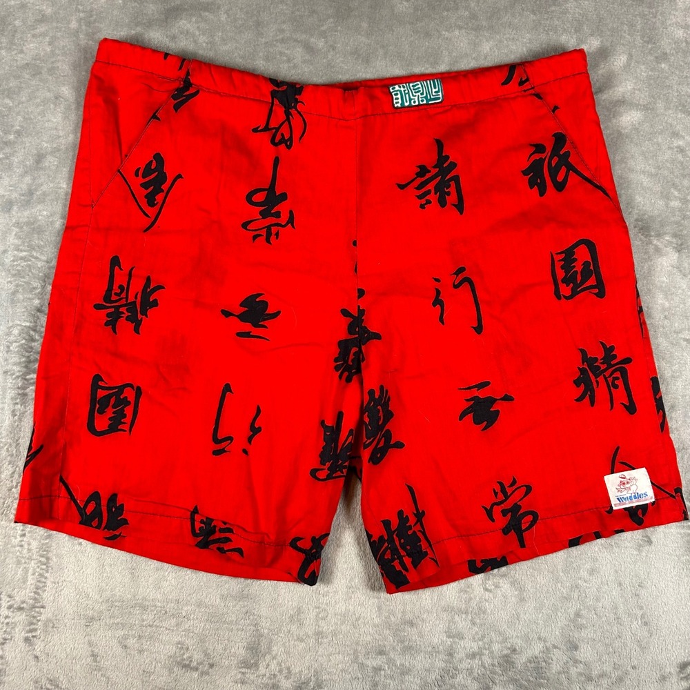Vintage Waddles Red Chinese Calligraphy Print Cotton Shorts Mens Small Street